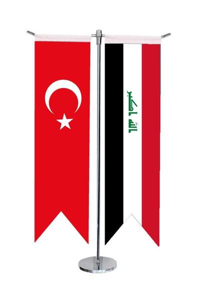 Saturn Masa Üstü Kırlangıç Irak + Türk Bayrağı + Krom T Direk Masa Bayrak Seti