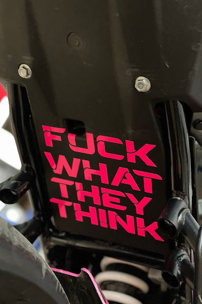 Banxtre ملصق "F'ck What They Think" باللون الوردي النيون - ملصق للمحرك تحت السرج 14 سم × 12 سم (قطعة واحدة)