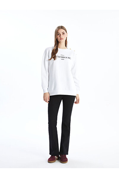 LC Waikiki White Crew Neck Printed Women's Thick Sweatshirt Tunic