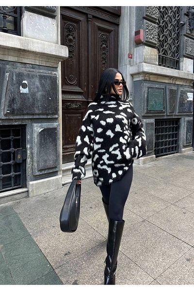 LB Laluna Butik Pulover de damă cu gât țesut leopard