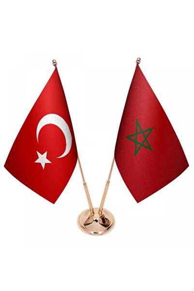 Saturn Masa Üstü Fas Bayrağı Türk Bayrağı Ikili Pirinç Direk Masa Bayrak Seti