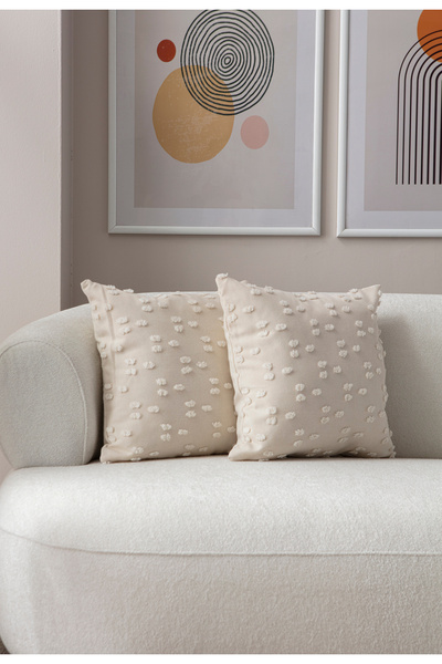 Ottoson 2'li Dekoratif Puantiye Keten Kumaşlı Kırlent Kılıfı 43x43 Krem