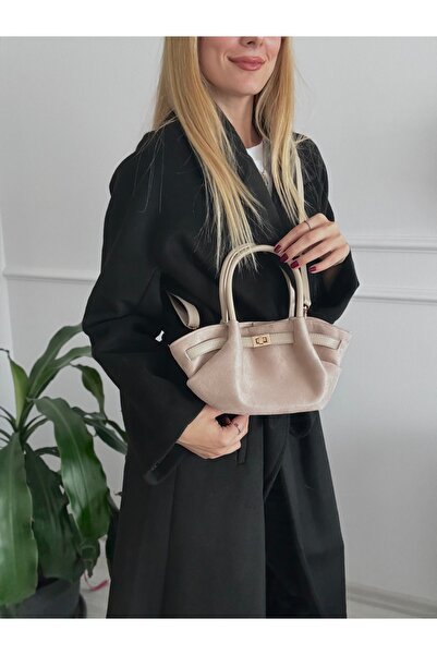 mèche atelier since 2024 Mely Belt Detailed Mini Suede Women's Hand and Shoulder Bag Cream