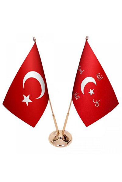 Saturn Masa Üstü Ittihat Ve Terakki Bayrağı Türk Bayrağı Ikili Pirinç Direk Masa Bayrak Seti