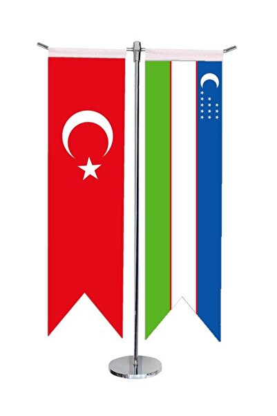 Saturn Masa Üstü Kırlangıç Özbekistan + Türk Bayrağı + Krom T Direk Masa Bayr...
