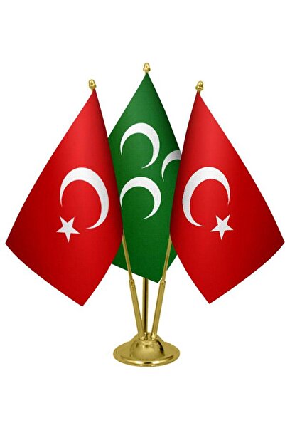 Saturn Masa Üstü Yeşil Üç Hilal Bayrağı Türk Bayrağı Üçlü Pirinç Direk Masa B...