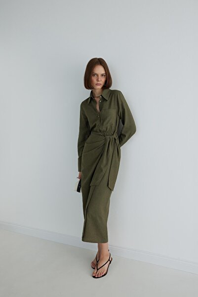 Suud Collection Khaki Linen Dress - Wraped Collar, Nolid Color