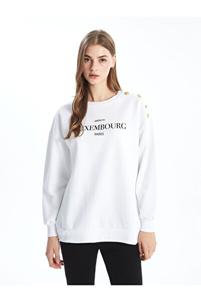 LC Waikiki White Crew Neck Printed Women's Thick Sweatshirt Tunic