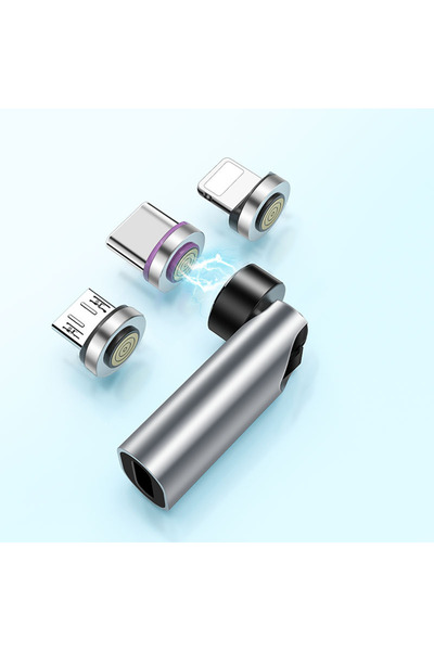 Choice محول شحن سريع PD 5A رمادي اللون بثلاثة رؤوس يدور بزاوية 540 درجة مع سلك مغناطيسي، مناسب للهواتف المحمولة