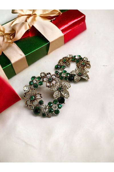 FAYRA ACCESSORIES Green Flower Jewelled Earrings - Crystal Wreath Design