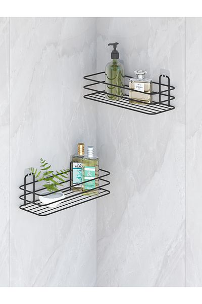MultiStore 2 τμχ Organizer μπάνιου - Κολλώδες, ράφι σαμπουάν, χαλάκι για σαπούνι, μαύρη κρεμάστρα ντους
