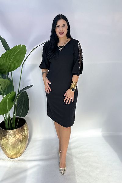 GÖKSEL Plus Size Black Evening Dress with Sleeve Detail