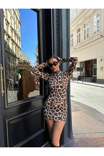 ALMES BOUTİQUE Mikro Dalgıç Kumaş Yılan Desenli Mini Elbise