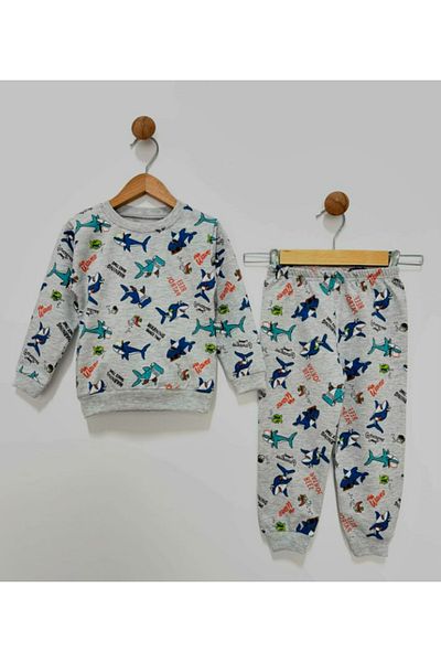 By Cwhr 100% Cotton Shark Patterned 2 Thread Long Sleeve Seasonal Boys' Pajamas Set