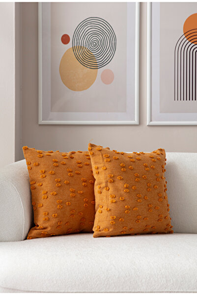 Ottoson 2'li Dekoratif Puantiye Keten Kumaşlı Kırlent Kılıfı 43x43 Hardal