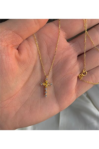 Natural Jewelleryy 925 Ayar Gümüş Altıjn Kaplama Sitrin Taşlı Haç Kolye