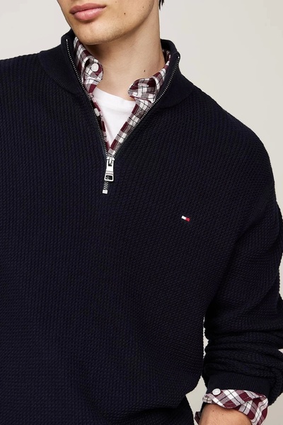 Tommy Hilfiger Erkek Marka Logolu Pamuk Karışımlı Yarım Fermuarlı Şık Görünümlü Lacivert Süveter MW0