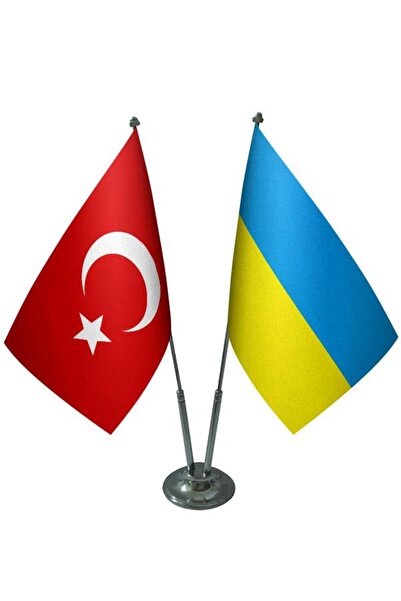 Saturn Masa Üstü Ukrayna Bayrağı Türk Bayrağı İkili Krom Direk Masa Bayrak Seti