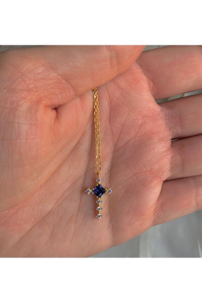 Natural Jewelleryy 925 Ayar Gümüş Altın Kaplama Safir Taşlı Haç Kolye