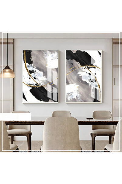 Harika bir ev |gri Bej Gold Kombini Soyut Desenler |temperli Cam Tablo 2li Dikey
