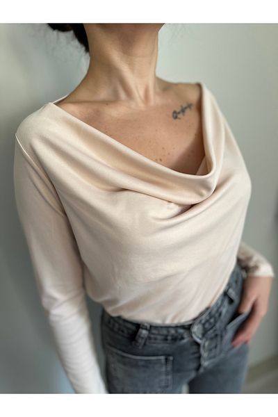 VOL Ecru Degaje and Boat Neck Long Sleeve Blouse