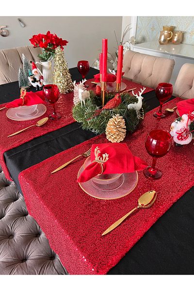 Ayd Home New Year's Red Sequined Runner - 43X135 Cm, 1 Piece, Sequin Tableware, Christmas Ranir, Christmas New Year