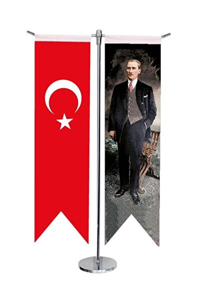Saturn Masa Üstü Kırlangıç Atatürk + Türk Bayrağı + Krom T Direk Masa Bayrak Seti