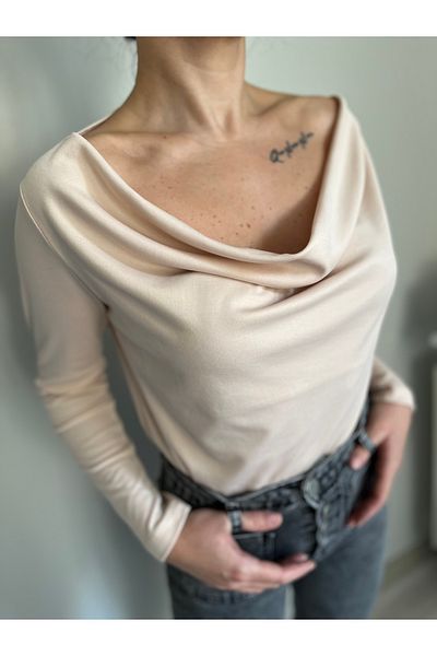VOL Ecru Degaje and Boat Neck Long Sleeve Blouse