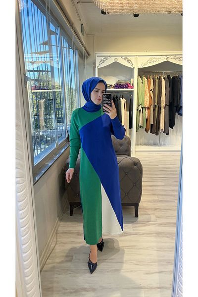 Invee Invee 6989 Geometric Sax Knitwear Dress