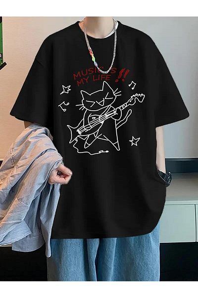 Touz Moda Music is My Life Unisex Μαύρο Oversize μπλουζάκι
