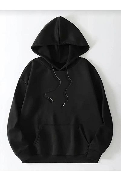 Pink Sky Unisex Teddy Bear Printed Oversize Hooded Black Sweatshirt - Winter Thick Hoodie