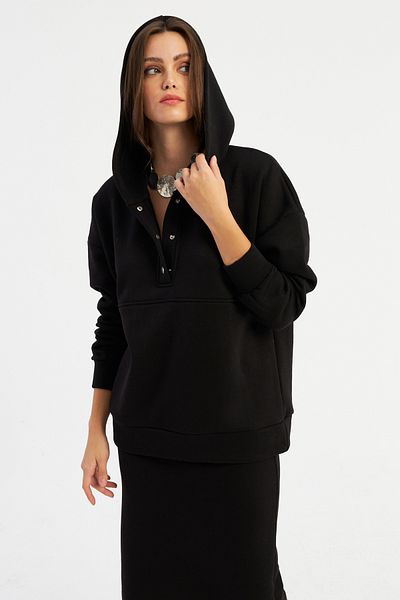 Cool & Sexy Women's Black Hooded Sweatshirt - Snap Fastener Tf22