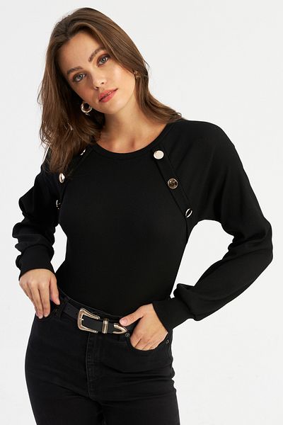 Cool & Sexy Damska czarna bluzka z guzikami i akcesorium Ey2946