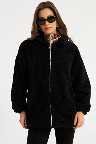 Cool & Modest Schwarzer Plüsch-Damenmantel – MLYT58