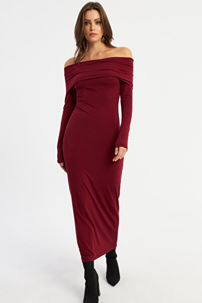 Cool & Sexy Kadın Bordo Madonna Yaka Maxi Elbise LİK10