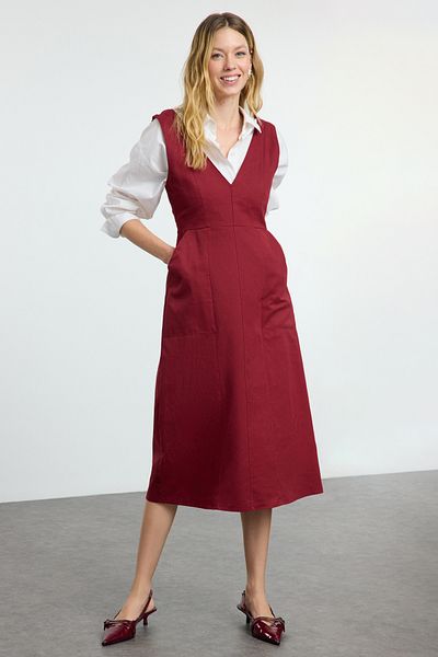 Trendyol Collection Rochie țesută midi drept burgundy TWOAW25EL00146