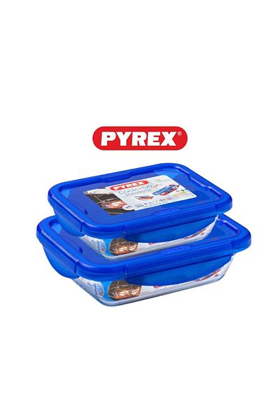 Pyrex مجموعة كوك اند جو من قطعتين (0.8 لتر + 1.7 لتر) طبق تخزين مستطيل مع غطاء