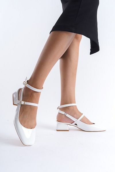 dearshoes Pantofi Mary Jane din piele lacuita alba pentru dama, cu toc gros, scurti
