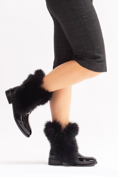 Nemesis Shoes Black Patent Leather Reina Women's Boots - Furry