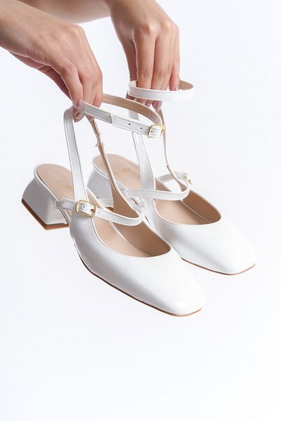 dearshoes Pantofi Mary Jane din piele lacuita alba pentru dama, cu toc gros, scurti