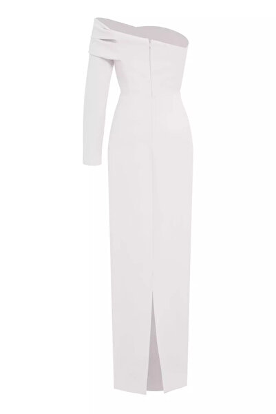 Keikei Beyaz krep tek kol uzun elbise