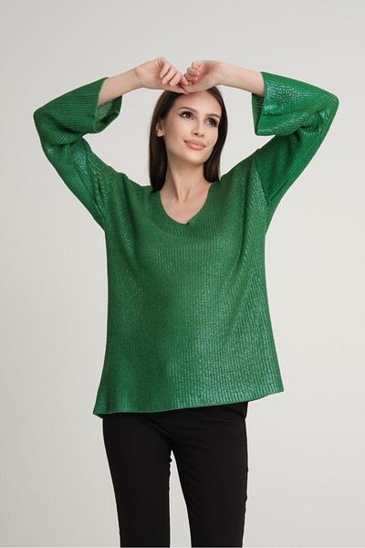 Su Moda 3387 Model Anul Nou Pulover strălucitor cu decolteu în V tricotaj - Pulover lung acoperit cu folie