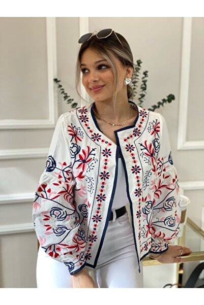 MY DEPO Дамско сако с флорални бродерии и балонни ръкави в ретро стил