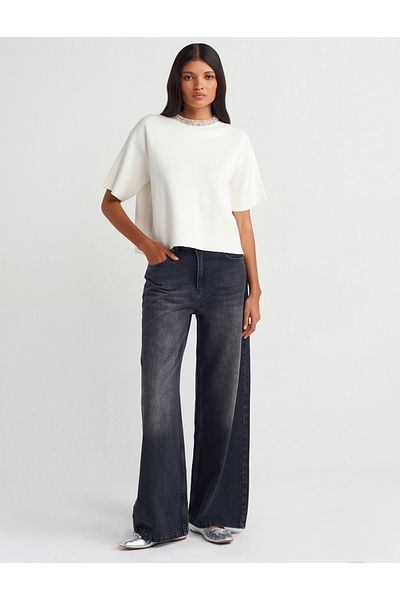 Dilvin Crew Neck Shiny Stone Detailed Knitwear Blouse-Ecru