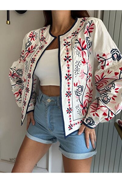 MY DEPO Jachetă de damă cu mânecă baloană cu broderie florală cu design vintage