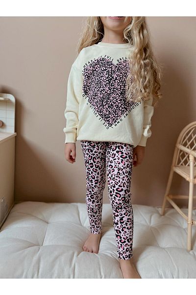 YİGİT BUTİK Yigit Boutique Leopard Printed Tights Girl's Top and Bottom Set