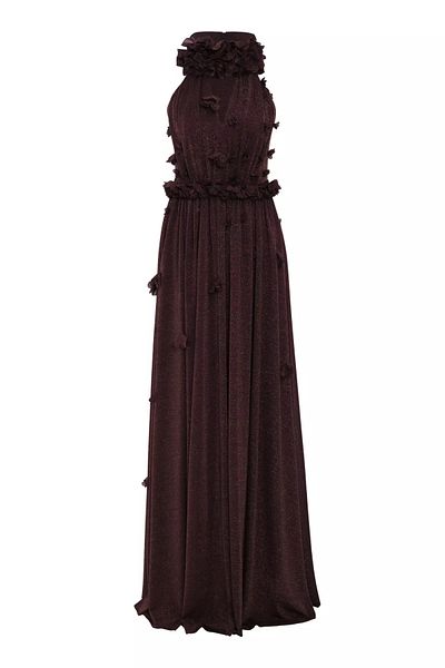 Keikei Brown Glittery Tulle Sleeveless Long Dress