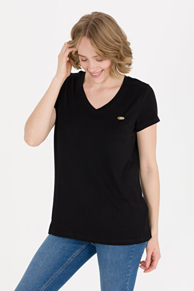 U.S. Polo Assn. Kadın Siyah V Yaka Basic Tişört 50269545-VR046