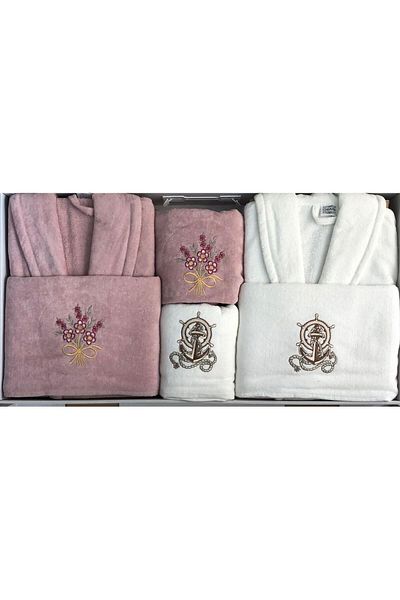 ROYAM Chıara Velvet Βαμβακερό Κεντημένο 6 τεμάχια Οικογενειακό Σετ Μπουρνούζι Σετ Μπουρνούζι