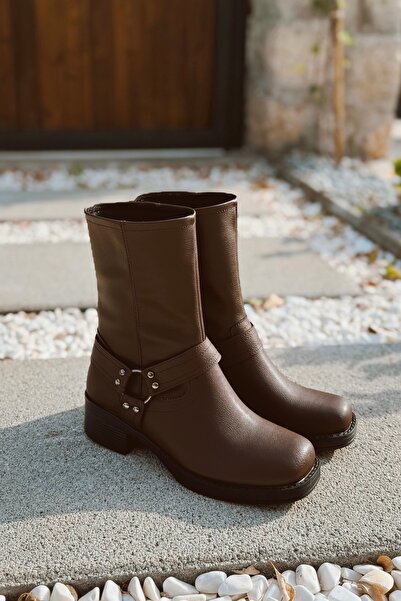 POLKA STORE Street Belt Λεπτομερείς πικρές καφέ χοντρή σόλα τετράγωνο δάχτυλο Άνετα γυναικεία μποτάκια μποτάκια